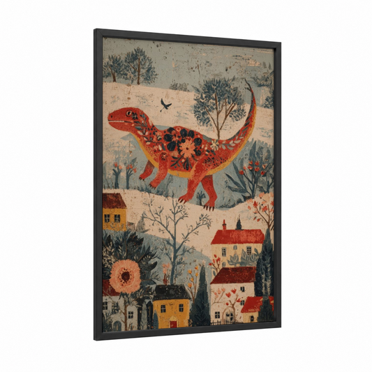 Crimson Dinosaur Village framed art print — black wood frame — red and cream palette