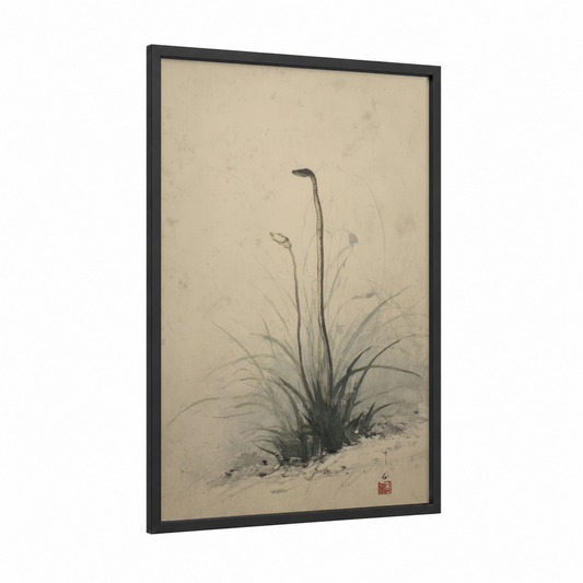 Graceful Eel Study framed eels print — black wood frame — gray and beige palette