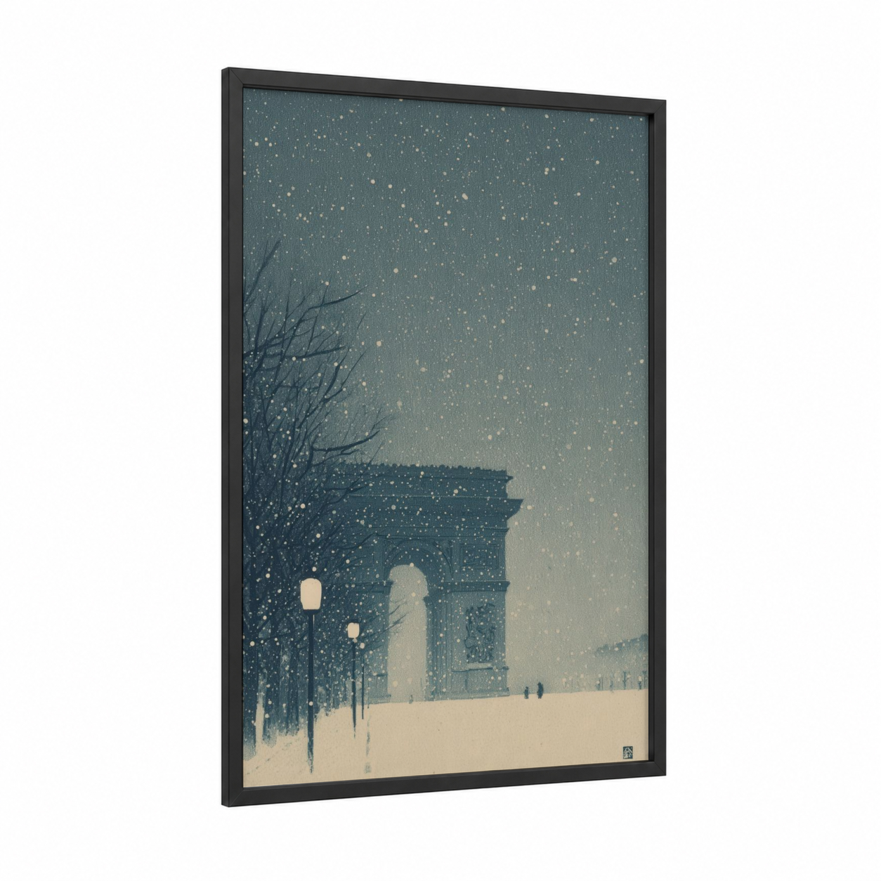 Snowy Arc Elegance framed arc de triomphe print — black wood frame — dove gray and cream palette