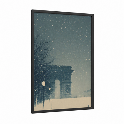 Snowy Arc Elegance framed arc de triomphe print — black wood frame — dove gray and cream palette