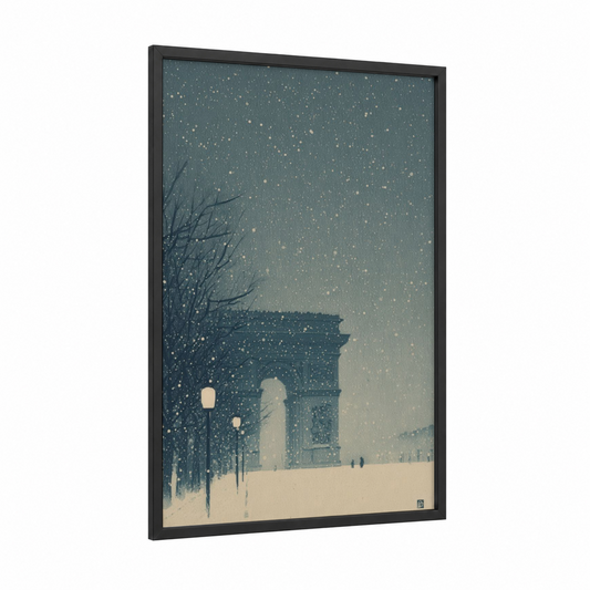 Snowy Arc Elegance framed arc de triomphe print — black wood frame — dove gray and cream palette