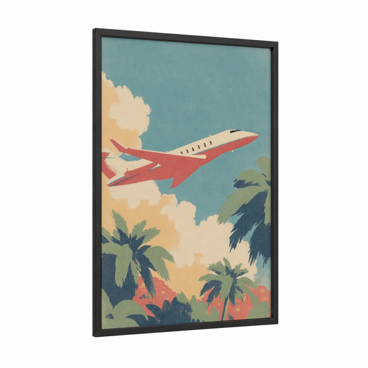 Tropical Jet framed private jet print — black wood frame — teal and cream palette