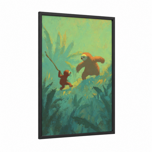 Jungle Capoeira framed art print — black wood frame — light green and gold palette