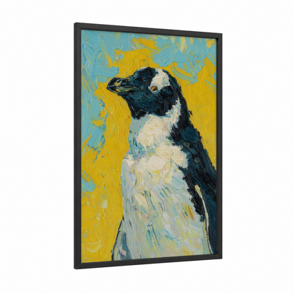 Contemplative Penguin framed art print — black wood frame — blue and yellow and black and white palette