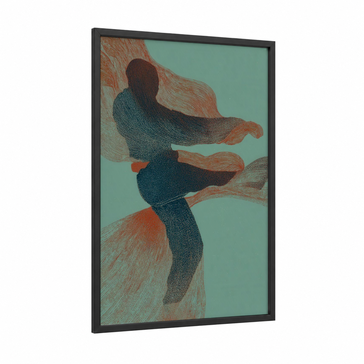 Dynamic Taekwondo Kick framed art print — black wood frame — teal and russet palette