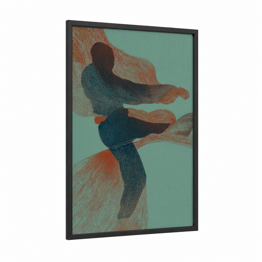 Dynamic Taekwondo Kick framed art print — black wood frame — teal and russet palette