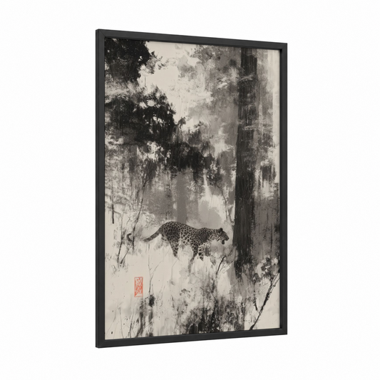 Misty Leopard framed art print — black wood frame — black and white and gray palette
