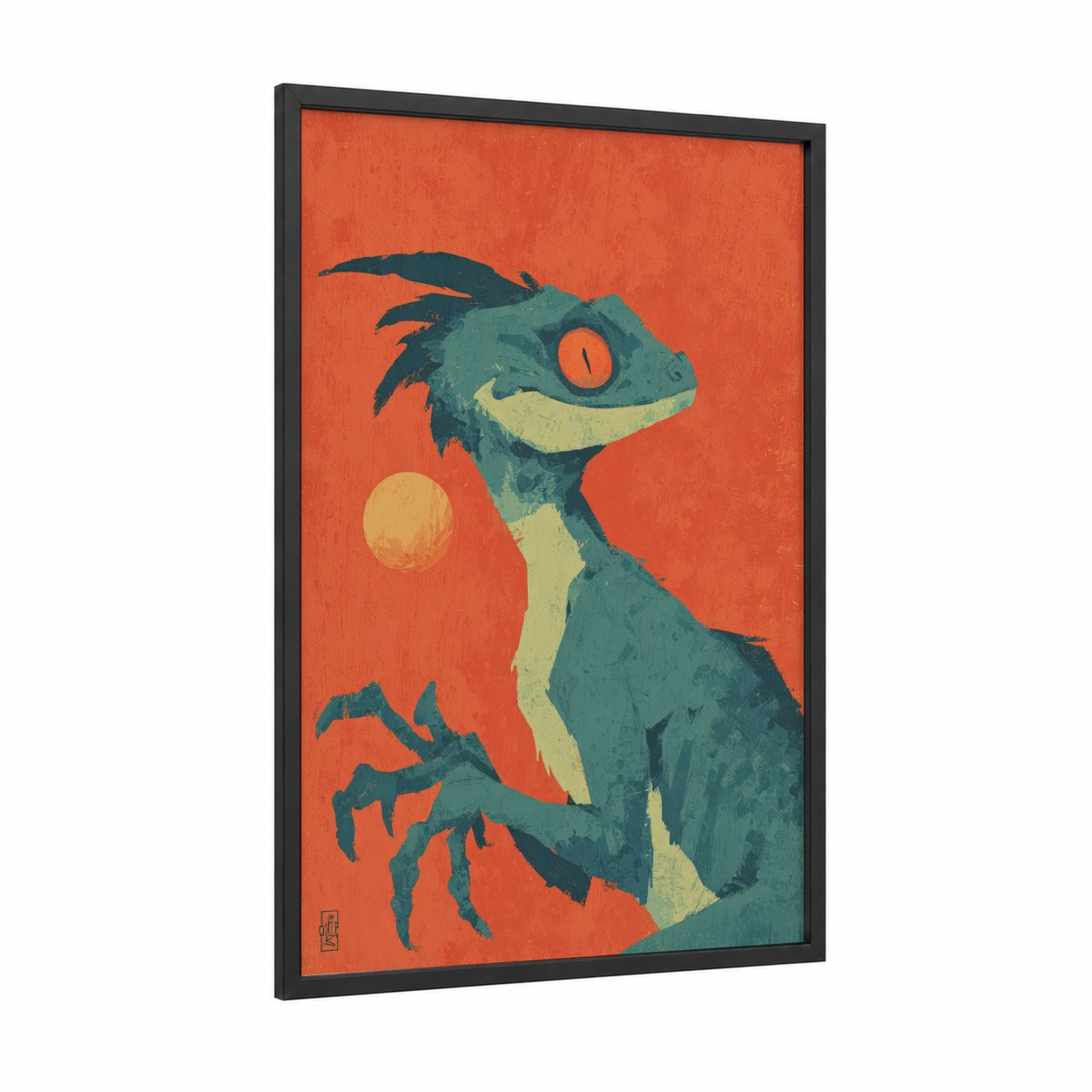 Emerald Basilisk framed art print — black wood frame — orange and teal palette
