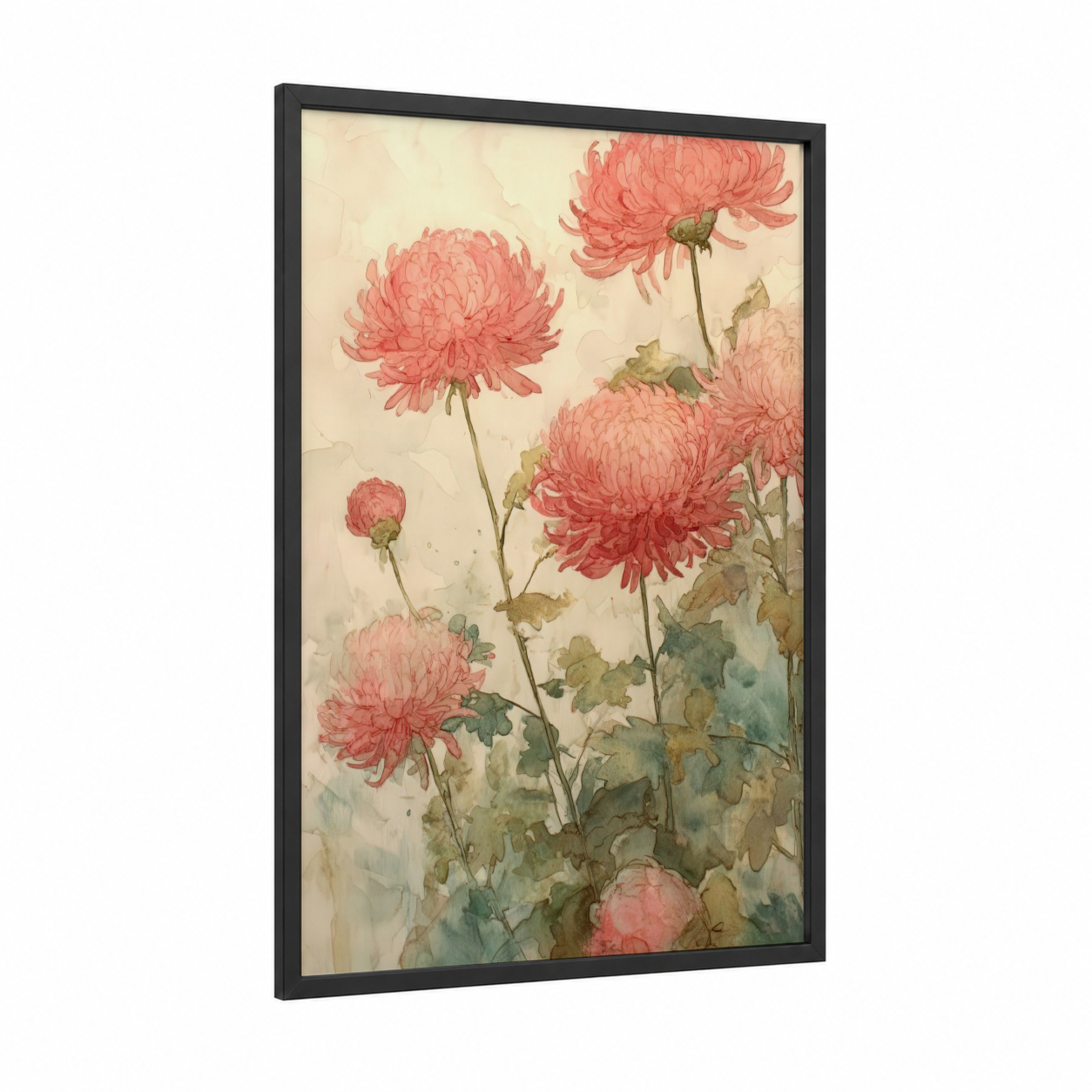 Coral Chrysanthemums framed art print — black wood frame — salmon pink and cream palette