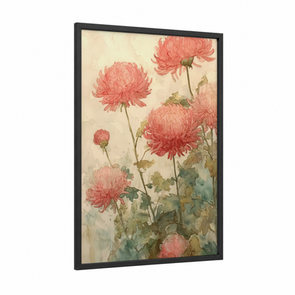 Coral Chrysanthemums framed art print — black wood frame — salmon pink and cream palette