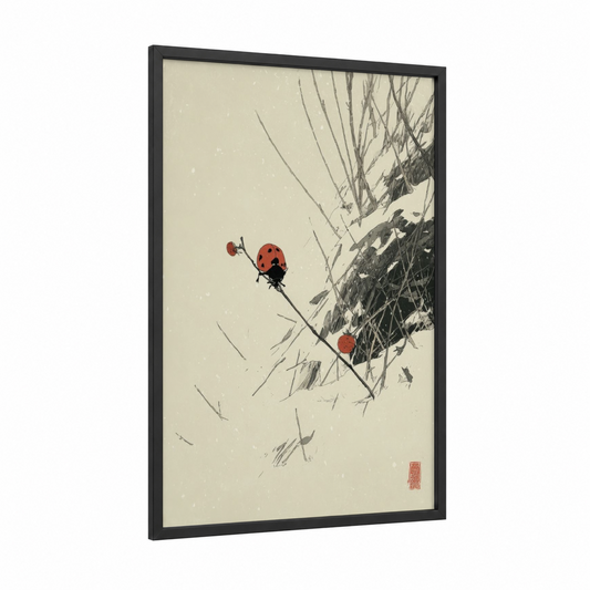 Winter Ladybug framed art print — black wood frame — cream and black and white palette