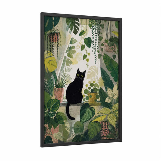 Black Cat in Jungle Window Wall Art framed art print — black wood frame — true green and yellow palette