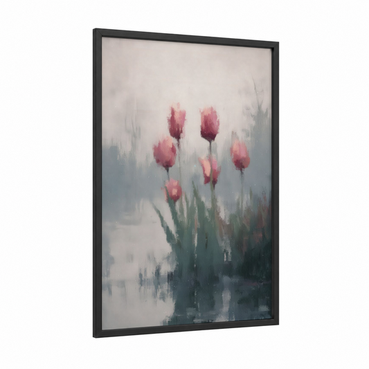 Misty Pink Tulips framed art print — black wood frame — pink and gray palette