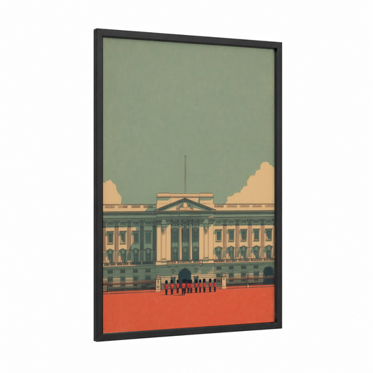 Royal Palace Guard framed buckingham palace print — black wood frame — sage green and cream palette