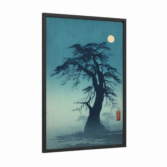 Moonlit Baobab framed baobab tree print — black wood frame — teal and black and white palette