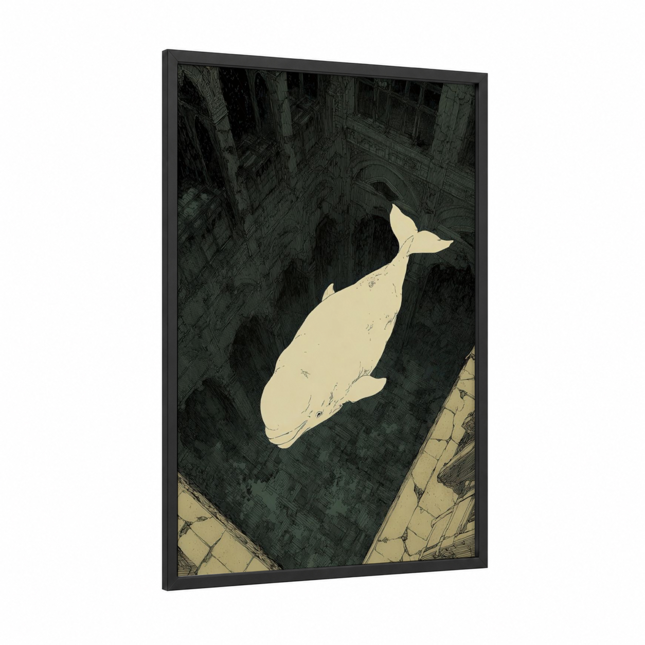 Urban Beluga framed beluga whale print — black wood frame — cream and black palette