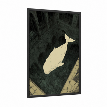 Urban Beluga framed beluga whale print — black wood frame — cream and black palette