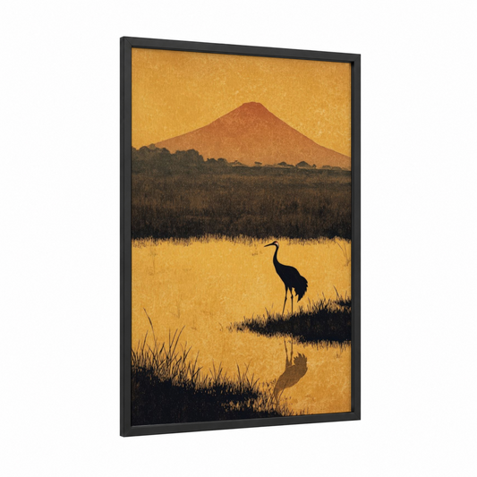 Golden Mount Fuji framed art print — black wood frame — gold and black and white palette