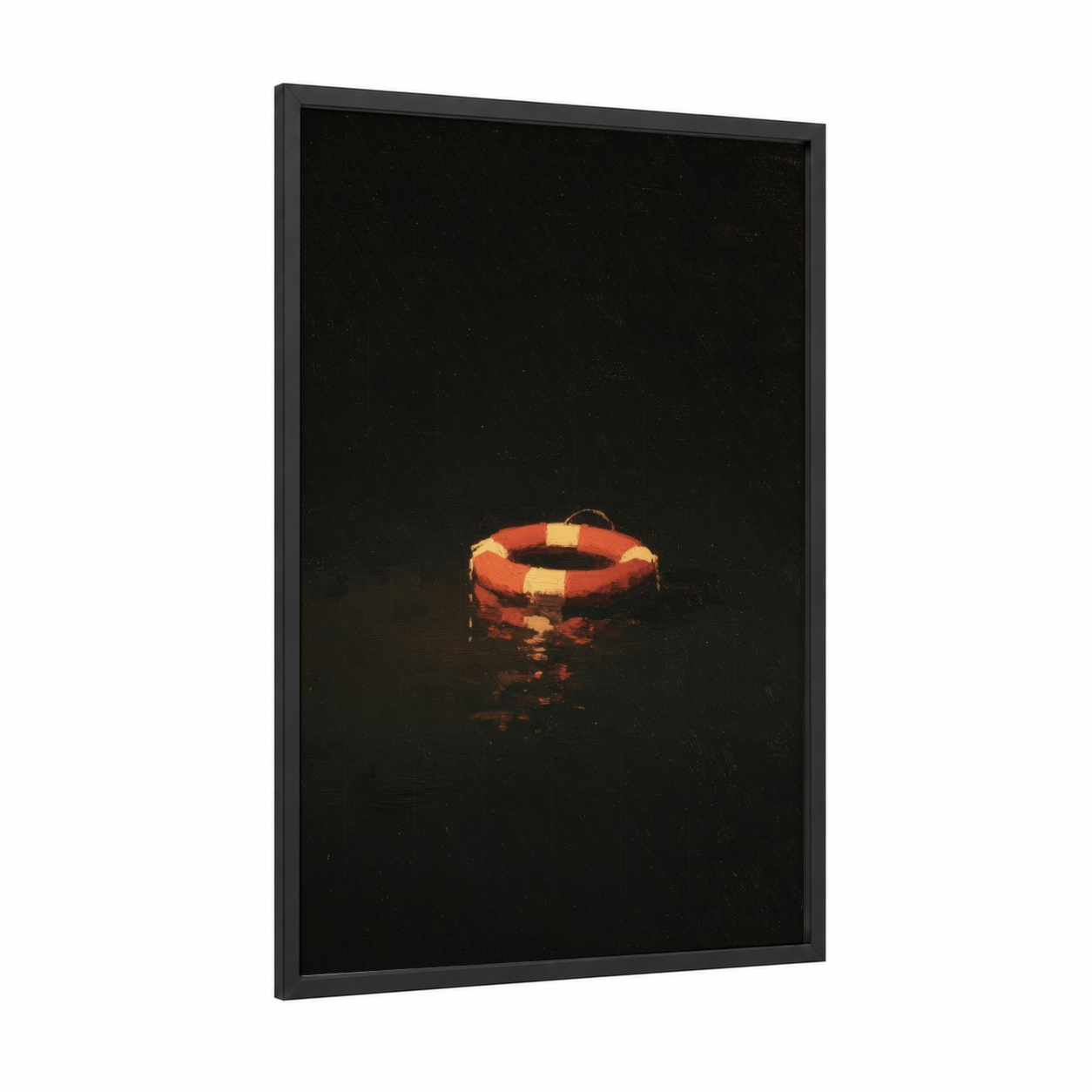 Floating Life Ring framed art print — black wood frame — black and gold palette