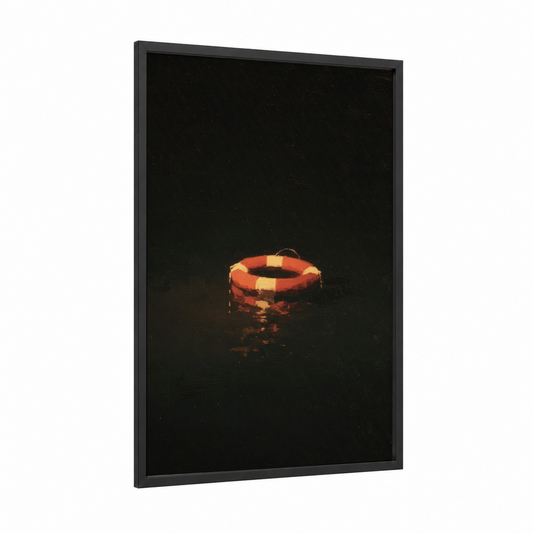 Floating Life Ring framed art print — black wood frame — black and gold palette