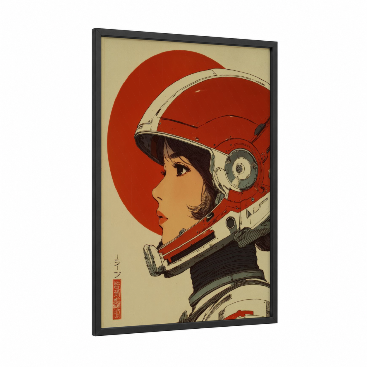 Crimson Astronaut framed japanese retrofuturism print — black wood frame — red and cream palette