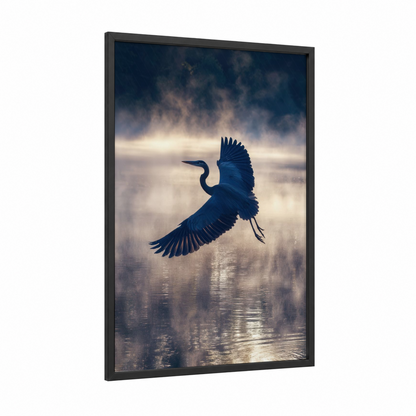 Misty Heron Flight framed art print — black wood frame — blue and gold and white palette