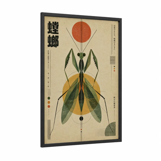 Geometric Praying Mantis Retro Wall Art framed prayin mantis print — black wood frame — beige and olive palette