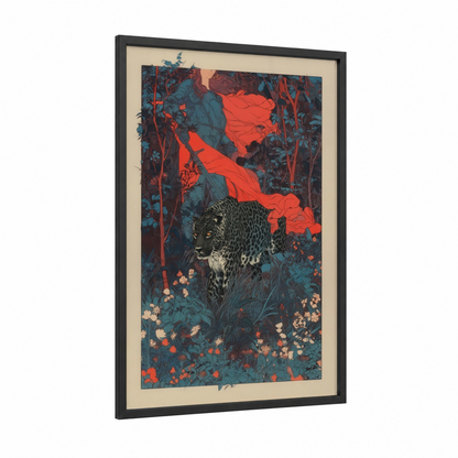 Crimson Leopard framed art print — black wood frame — red and teal palette