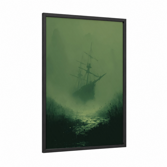 Sunken Galleon framed old ships print — black wood frame — dark green and gray palette
