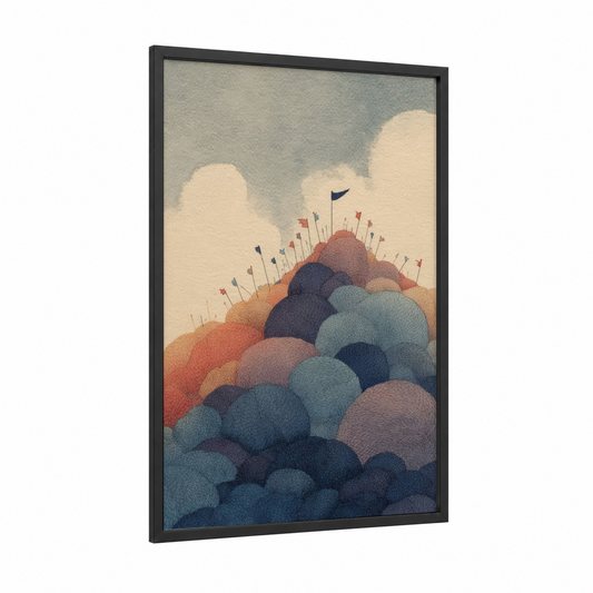 Knitted Hills framed knitting and sewing print — black wood frame — russet and blue and gray palette