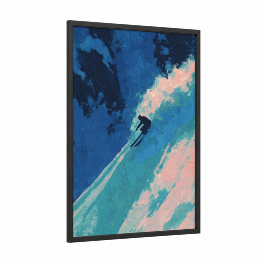 Alpine Descent framed skiing print — black wood frame — blue and teal palette