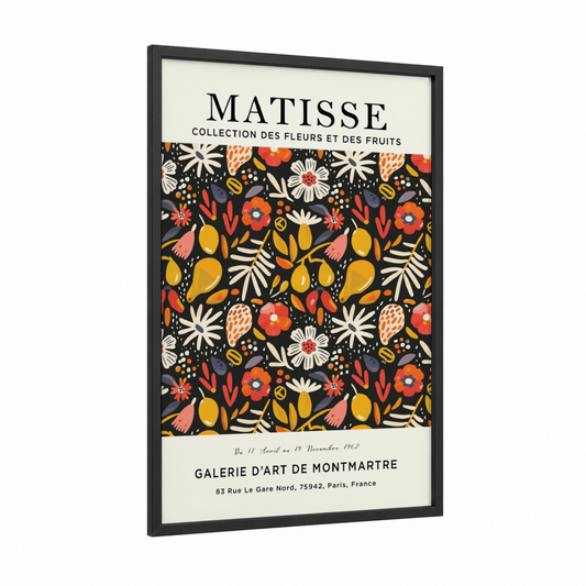 Matisse Florals framed abstract flower print — black wood frame — gold and orange palette