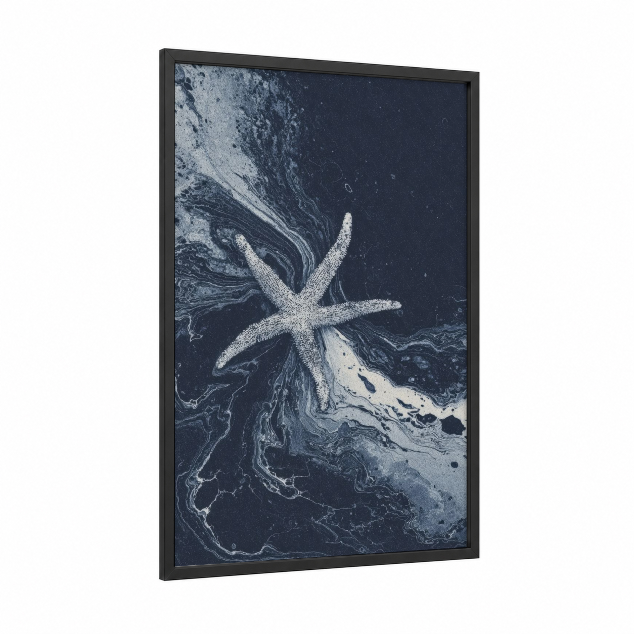 Coastal Starfish framed art print — black wood frame — black and white and dove gray palette