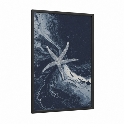 Coastal Starfish framed art print — black wood frame — black and white and dove gray palette