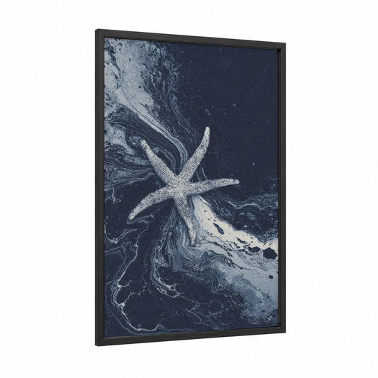 Coastal Starfish framed art print — black wood frame — black and white and dove gray palette