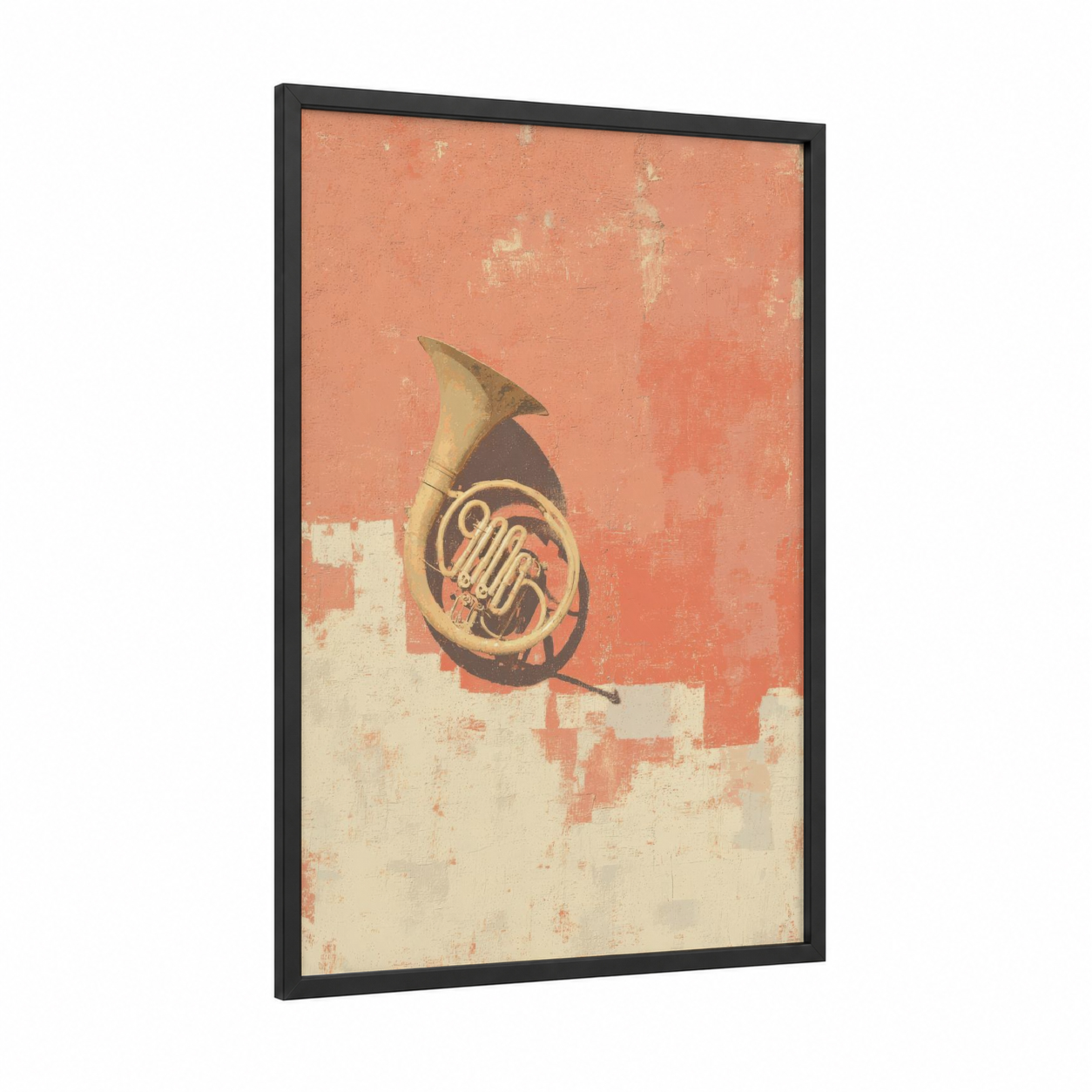 Vintage French Horn framed art print — black wood frame — peach and cream palette