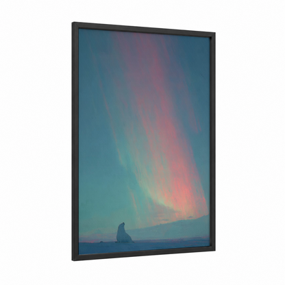 Aurora Seal framed art print — black wood frame — teal and salmon pink palette