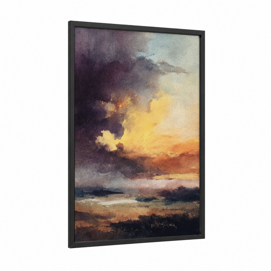 Dramatic Sunset Sky framed art print — black wood frame — gold and maroon palette