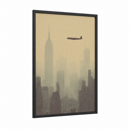 Manhattan Departure framed commercial plane print — black wood frame — cream and gray palette