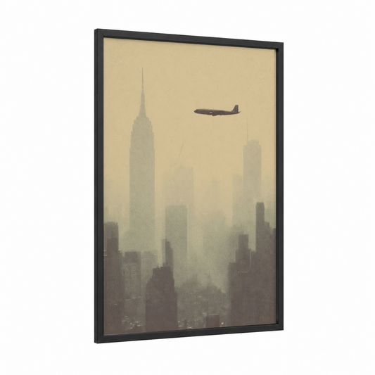 Manhattan Departure framed commercial plane print — black wood frame — cream and gray palette