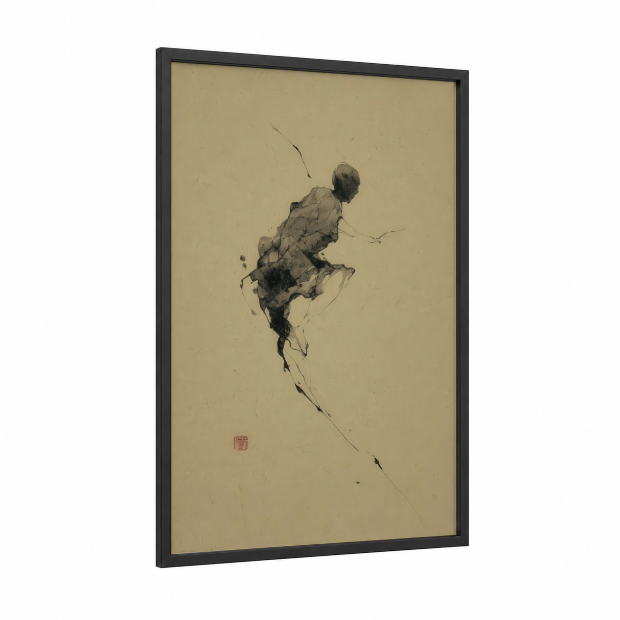 Dynamic Leap Basketball framed art print — black wood frame — black and white and beige palette