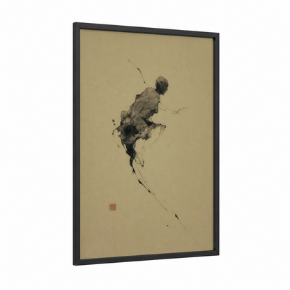 Dynamic Leap Basketball framed art print — black wood frame — black and white and beige palette
