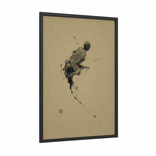 Dynamic Leap Basketball framed art print — black wood frame — black and white and beige palette