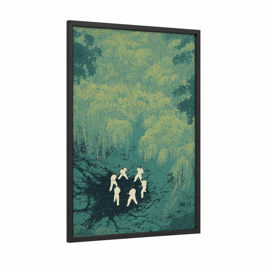 Forest Capoeira Circle framed art print — black wood frame — teal and green palette