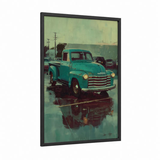 Turquoise Vintage Truck framed art print — black wood frame — teal and sage green palette