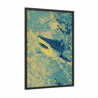 Celestial Whale Shark framed art print — black wood frame — blue and gold and blue and yellow palette