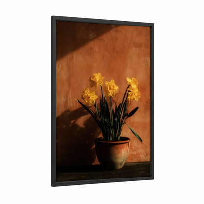 Golden Daffodil Cluster framed daffodils print — black wood frame — gold and russet palette