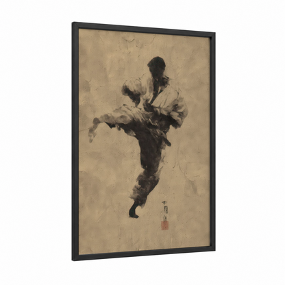 Dynamic Kick Warrior framed kick boxing print — black wood frame — black and white and nobel palette