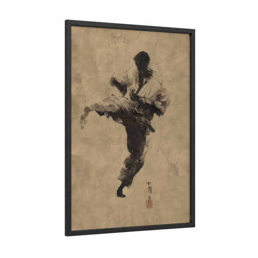 Dynamic Kick Warrior framed kick boxing print — black wood frame — black and white and nobel palette