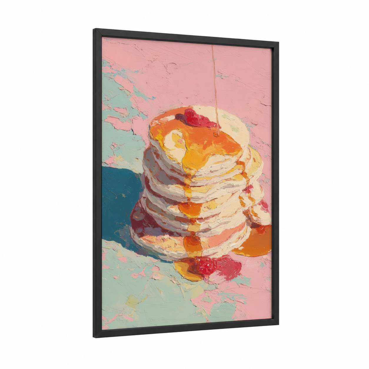 Golden Pancake Stack framed breakfast print — black wood frame — pink and gold palette